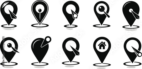 Modern black and white location pin icons set, navigation compass, magnifying glass, home marker, GPS map symbols for apps