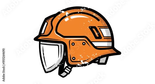 Orange hard hat with face shield, industrial safety helmet, grunge style