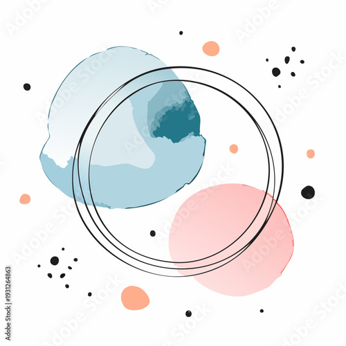 Creative minimalist hand painted Abstract art background with watercolor stain and Hand Drawn doodle Scribble Circle.