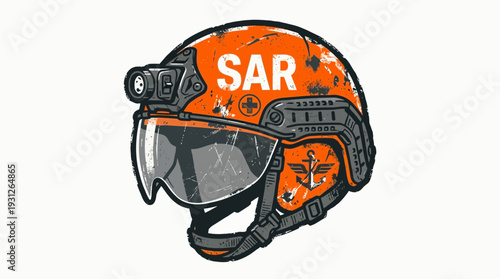 SAR helmet with headlamp and visor, distressed orange design