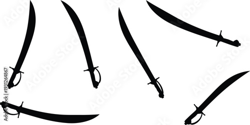 Scimitar sword silhouettes, curved blade weapons, Middle Eastern design, traditional arms, cultural heritage, historical weaponry, martial art symbolism, collection