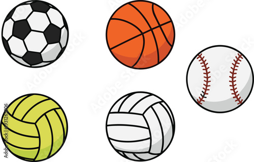 Soccer ball, basketball, baseball, volleyball, sports equipment, athletic icons, minimal vector illustration, team sports graphics, recreational activities design