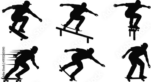 Skateboarder silhouette collection, dynamic skateboarding tricks action set isolated on white background for extreme sports design concept