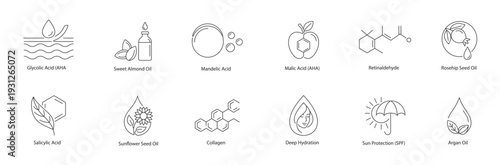 Skincare Formulas and Organic Oils Vector Icon Set: AHA Acids, Retinaldehyde, Collagen, and SPF Protection Line Art