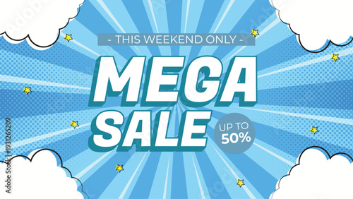 Modern mega sale promotional banner with comic book background featuring radial sunburst rays.