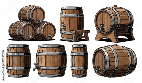 A set of wooden barrels with metal bands and taps in various positions