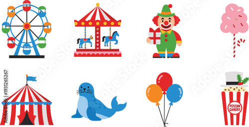 Amusement Park and Carnival Flat Vector Illustration Set Featuring Ferris Wheel, Carousel, Clown, Cotton Candy, Circus Tent, Seal, Colorful Balloons, and Popcorn with Top Hat.
