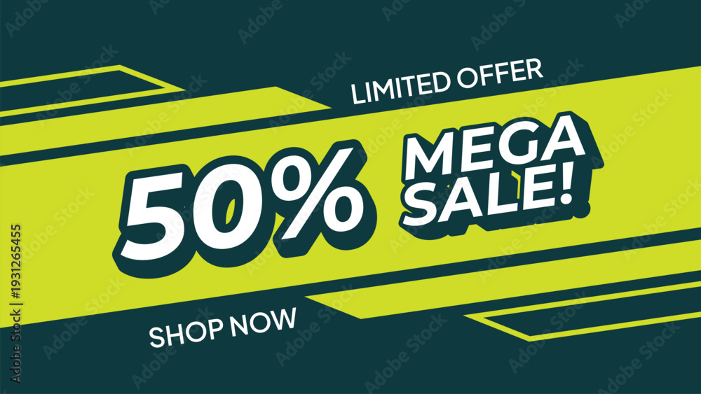 Fototapeta premium Modern mega sale promotional banner with green geometric background, and bold typography.