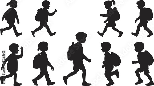 Collection of school children silhouettes walking with backpacks isolated on light background, boys and girls students in motion for education design concept