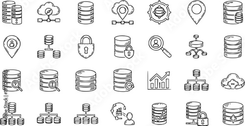 Database  Cloud Icons - Vector Set in Doodle Style: Data Storage, Servers, Analytics, Security, and Network Symbols