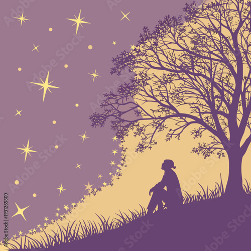 Person sitting under a tree, looking up at starry night sky, silhouette in nature, peaceful and reflective moment