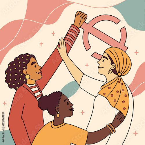 Diverse group of three women standing together, raising fist with symbol, unity, empowerment, sisterhood, diversity, strength, solidarity, feminist movement, vibrant colors, abstract background