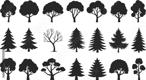 Tree silhouettes set isolated on light background, deciduous and evergreen forest icons for landscape, park, woodland, ecology and environmental design