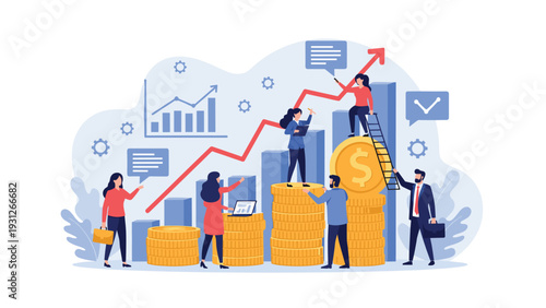 Hardworking team climbs the ladder of success by stacking coins and analyzing a rising growth chart to achieve business goals.
