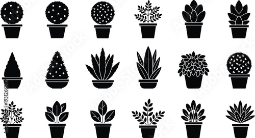 Large vector collection of black plant silhouettes including potted trees cacti succulents and houseplants for professional landscape design and garden icons