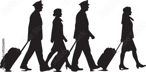Three airline crew members walking in a line with luggage airplane crew airline staff