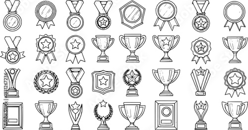 Hand Drawn Awards, Trophies, and Medals Doodle Set. Line Art Prize Collection for Success, Victory, and Achievement Vector Illustration.
