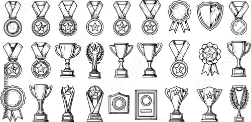 Hand-drawn sketch of various award icons: medals, cups, ribbons, and shields. Vector illustration isolated on white background.