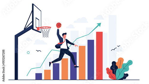 Successful businessman dunks a basketball into a hoop while jumping over a rising bar chart to represent high sales performance.