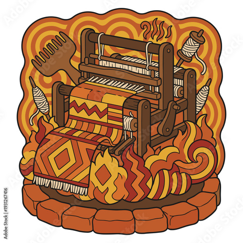 Traditional Wooden Weaving Loom with Rug Patterns Transforming into Stylized Fire Flames