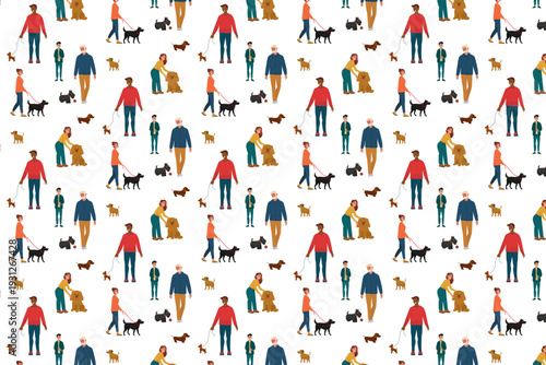 Vector illustration of a seamless pattern featuring diverse individuals walking various dog breeds. The design showcases interaction between people and pets, highlighting daily dog-walking routines.