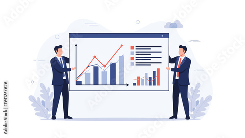 Businessmen proudly present a large board with various financial growth charts and data analytics to show company progress.
