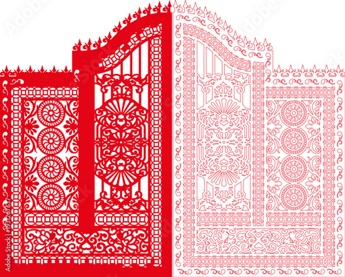 Chinese Paper Cut Traditional Gate Door with Floral Ornamental Pattern, Red Papercut Decorative Arch Panel Design