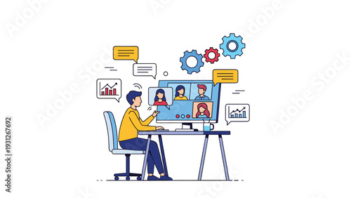 Business professional attends a video call with multiple participants and manages workflow data on a computer screen.