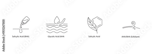 Chemical Exfoliant Skincare Vector Icons in Minimalist Line Art: Salicylic Acid (BHA), Glycolic Acid (AHA), and Purifying Botanical Ingredients