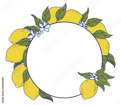 An artistic illustration of a round frame decorated with vibrant yellow lemons and delicate white flowers surrounded by luscious green leaves. Perfect for adding a fresh citrusy touch to designs or in