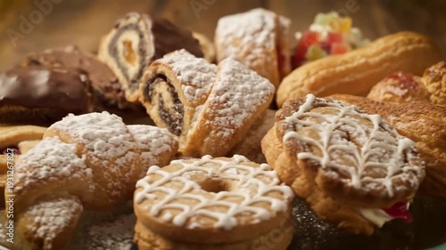 Assortment of Traditional European Pastries and Cookies Including Poppy Seed Rolls, Chocolate Glazed Cakes, and Shortbread Treats Dusted with Powdered Sugar.