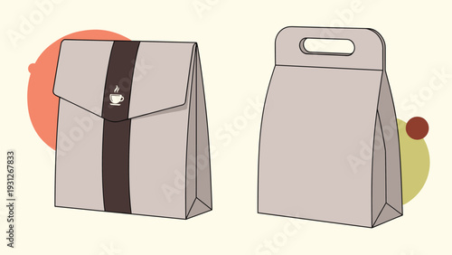 Eco friendly paper coffee bags with a handle and logo illustrate sustainable packaging design for coffee shops and retail.