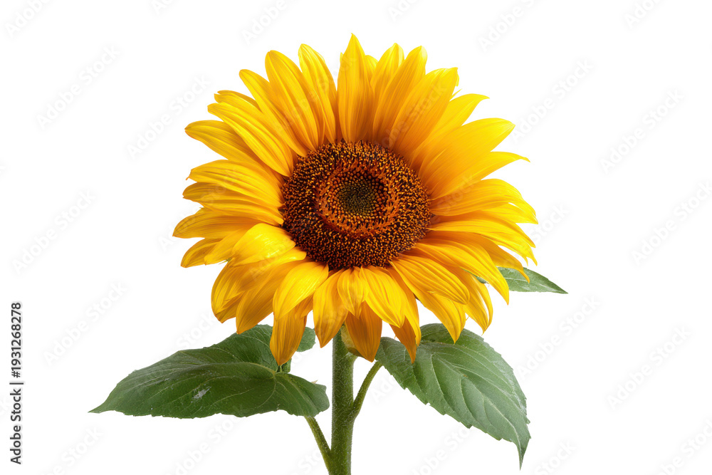 Fototapeta premium Bright yellow sunflower with green leaves against a solid black background bloom blossom, Isolated On White Background, Png Transparent