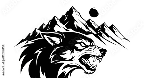 Ferocious wolf with mountains and moon, a symbol of wild nature.
