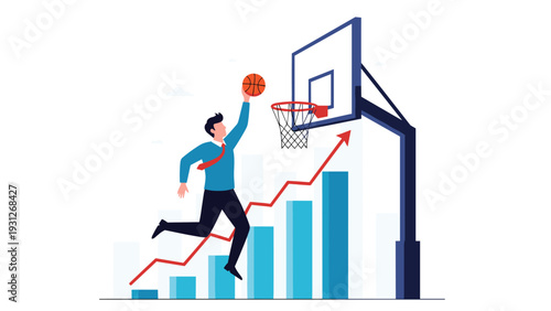 Motivated businessman jumps high to dunk a basketball into a hoop against a backdrop of increasing financial growth charts.