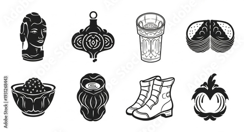 Collection of various black and white illustrations of different objects and items.