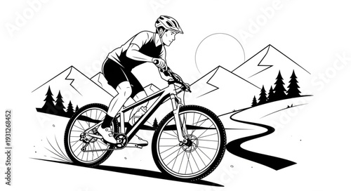 Mountain biker speeding down a trail, enjoying the outdoor adventure and sport.