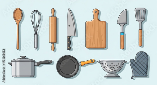 Collection of kitchen utensils and cookware arranged on a light blue surface, ready for cooking.