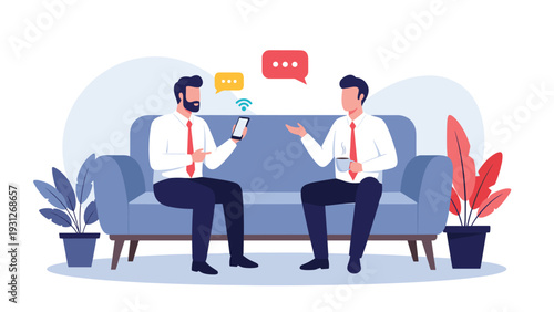 Two professional businessmen sit on a sofa and engage in a conversation while sharing information on a mobile smartphone.