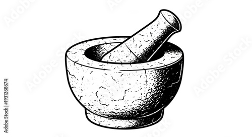 Detailed illustration of a mortar and pestle, a tool for grinding substances.