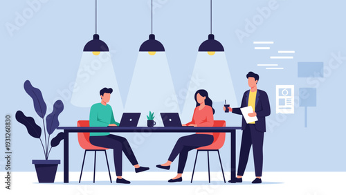 Creative team works together at a long desk in a modern office with overhead lights while a manager provides project feedback.