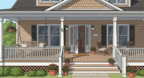 Charming house front porch with inviting entrance and welcoming design.