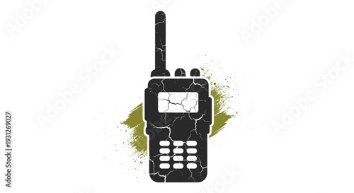 Vintage walkie-talkie icon with cracked texture and green grunge splatter