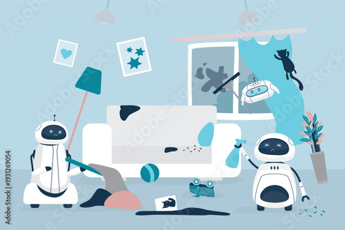 Broken living room interior with dirt, destruction and broken furniture. Chaos and disaster from team of broken robot helpers. Errors and software failures lead to disaster