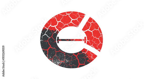 Abstract cracked circle with red and black texture and horizontal bar