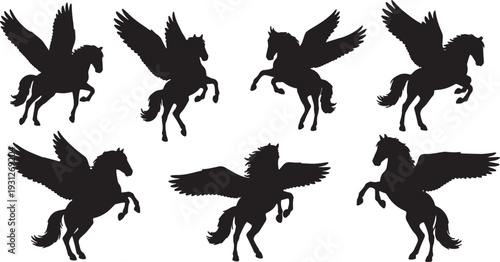 Black Solid Aerial Dance Pegasus Silhouettes Set of Six on White Background