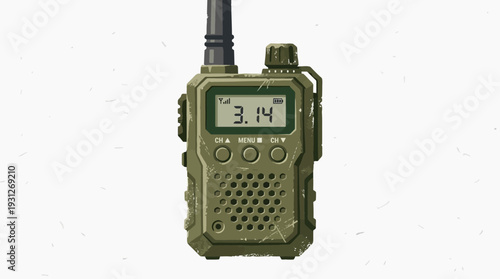 Military green walkie talkie with digital display showing 3.14