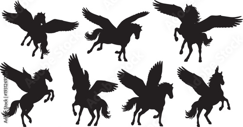 Black Solid Aerial Dance Pegasus Silhouettes Set of Six on White Background