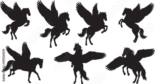 Black Solid Aerial Dance Pegasus Silhouettes Set of Six on White Background