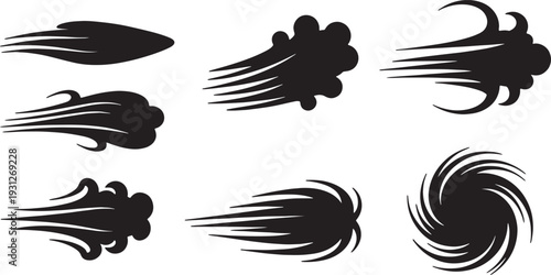Black Solid Aerodynamic Air Current Silhouettes Set of Six on White Background